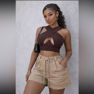 High Waisted Shorts & Brown Cross Halter Top Set